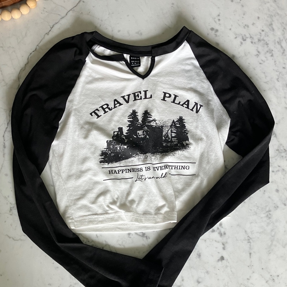 SHEIN Black and White 'Travel Plan' Raglan Long Sleeve Top